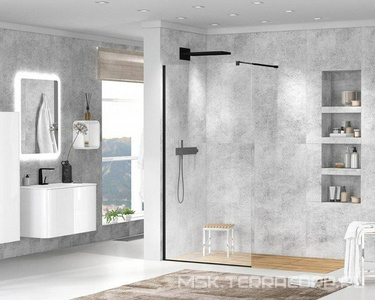 Душевая перегородка 1200хh1950мм, правая/левая, (стекло прозрачное 8мм, поперечный укорачиваемый кронштейн 1200мм, фурнит. цв.черный мат.),  ZZ Cezares Liberta LIBERTA-L-1-120-120-C-NERO