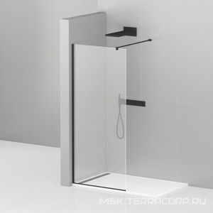 Душевая перегородка 1200хh1950мм, правая/левая, (стекло прозрачное 8мм, поперечный укорачиваемый кронштейн 1200мм, фурнит. цв.черный мат.),  ZZ Cezares Liberta LIBERTA-L-1-120-120-C-NERO