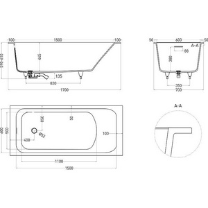 Ванна 1700х700хh600мм, встраив., литой камень S-Sense матовый цв.белый, д/к Up&Down в цвет ванны, интегрир.слив-перелив, ножки в компл,  ZZ Salini Orlanda Kit 102111M