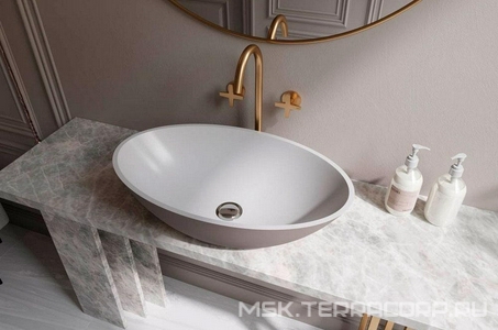 Раковина накладная 590х355х165мм, без отверст. для смесит., без перелива, д/к в цвет раковины в компл.,(иск.камень Soft rock цв.белый мат),  ZZ Holbi Dione 1.02.006.11.1