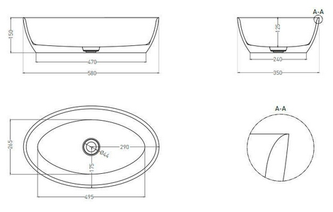 Раковина накладн.овальн.580х350х150мм, без отв.д/смесит.,перелива, без донного клапана, литой камень S-Stone матовый, цв.RAL9011 снаружи,  01 Salini Alda 110621MRH / снаружи  RAL9011 Graphite black (черный матовый)
