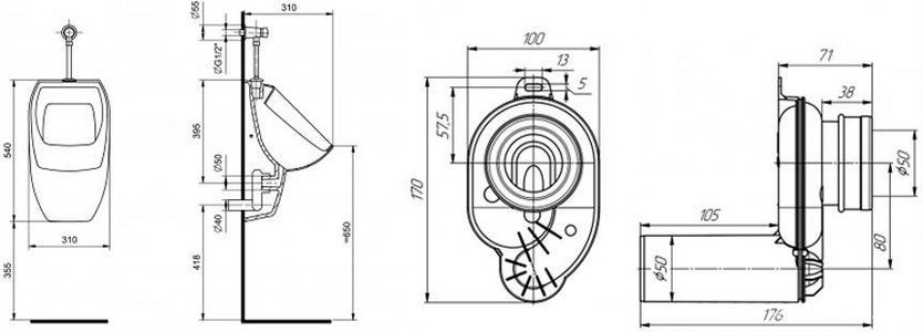 Писсуар, внешний подвод воды, кран смыва+сифон+ крепеж в комплекте, цв.белый ZZ Santek гала 1.WH50.1.804