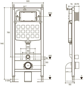 Инсталляция для подвесного унитаза,1140х96/150х500мм, со смывным бачком, фронт.управл., механическ.смыв, крепёж в компл, без кнопки смыва,  Aqueduto Tecnica TEC11