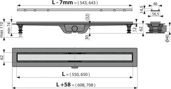 Водоотводящий желоб 650 мм, с двухсторонней решеткой под плитку, комбинированный гидрозатвор ZZ AlcaPlast Simple APZ19-650