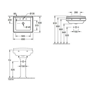 Раковина 650х530мм, 3 отв. д/смес., установка на пьедестал 7232 и п/пьед. 7231  (R2 Star white ceramicplus),  ZZ Villeroy & Boch Hommage 7101A2R2