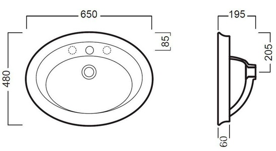 Раковина 650х480мм, встраиваемая в столешницу сверху, с 1 отв. д/смес., Dolcevita ZZ Hatria DolceVita Y0PL01
