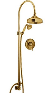 Смес. д/д, встр. в стену. с перекл., со стацион. верх и ручн/душем + шланг, (maniglia PL / рукоятка с пластик. встав бел цвета), (цв.зол) ZZ 3M Piccadilly 2117 DD + maniglia PL  DD