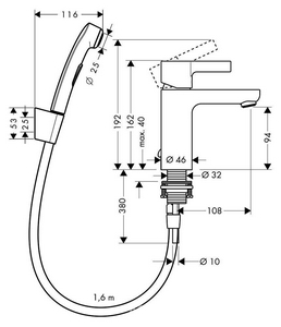 Смеситель для раковины с гигиенической лейкой, БЕЗ донного клапана ZZ Hansgrohe Metris S 31160000