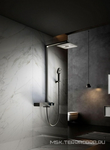 Смеситель-термостат для ванны (душа), со стационарным верхн.душем 28х19см., душевая лейка, шланг в компл., (цв.черный матовый),  ZZ Vincea Inspire VSFS-3I13TMB