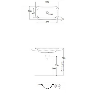 Раковина встраиваемая в столешницу сверху, без отв. для смесителя, без перелива, 69х38хh14см, (цв. белый),  Azzurra Glaze GLZ 69X38/IN