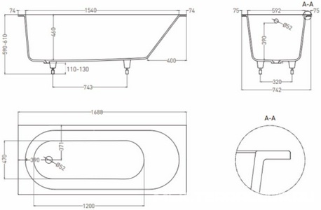 Ванна 170х75хh60cм,, литой камень Solid Surface цв.белый матовый, литые ножки,  ZZ LOFO LOFO UM12222