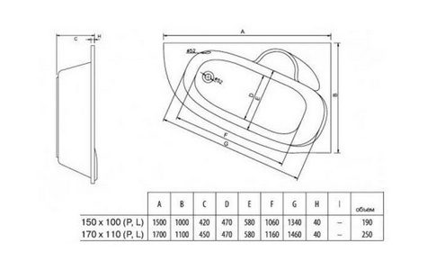 Ванна 170х110см, асиметричная, Левая, без ножек/рамы, панелей, слива-перелива, (акрил цв.белый),  ZZ Alba Spa Katrina ВАС029030Л100