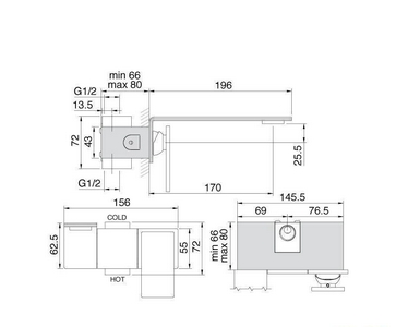 Смеситель для раковины, встраиваемый в стену, 1 ручк. вертик., излив 196мм, (цв. тертая сталь),  ZZ 3M 5mm 2851 JJ 5M