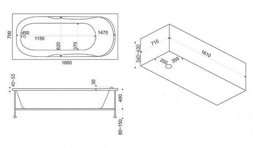 Ванна акриловая  160х70 см (БЕЗ каркаса n039601 и сифона 19649) ZZ Bas Мальдива В 00022