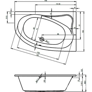 Ванна 170х110см, L Левая, без ножек/рамы, панели, слива-перелива, (акрил цв.белый),  ZZ Riho Aryl B018001005