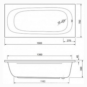 Ванна 150х70см, прямоугольная, БЕЗ мет.каркаса, панелей, слива-перелива, (акрил), Piave ZZ Cezares piave PIAVE-150-70-42-W37