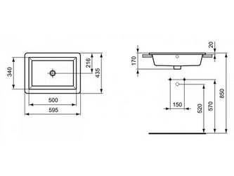 Раковина встраиваемая в столешницу сверху, прямоуг. 595х435мм, без отв. д/смес., с переливом, шаблон в компл.,  Ideal Standard Strada K078001