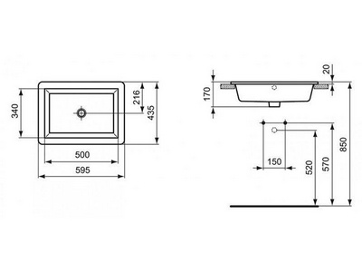 Раковина встраиваемая в столешницу сверху, прямоуг. 595х435мм, без отв. д/смес., с переливом, шаблон в компл.,  Ideal Standard Strada K078001