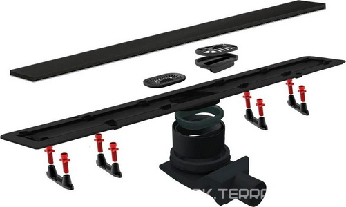 Дренажн.канал 850мм, готов.компл, сифон d50 вых.вбок,48л/мин, затвор(сухой/гидро), мин h монтаж 62мм, 2х стор.вставка цв.черный мат/под плитку, CFL ZZ Bettoserb Confluo Frameless Line 13701322-NEW