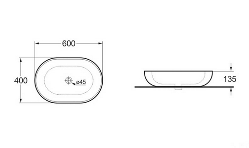 Раковина накладная 600x400xh135мм, без отверстия для смесителя, без перелива, (цв.белый глянец), Vincea ZZ Vincea Раковины VBS-113