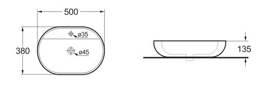 Раковина накладная 500х380х135 мм, с отверстием для смесителя, без перелива, (цв. серый матовый), Vincea ZZ Vincea Раковины VBS-121MG