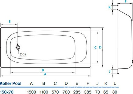 Ванна стальная KollerPool 150х70E, без ножек APMSTDBL1 KL ZZ Koller Pool универсал B50E1200E