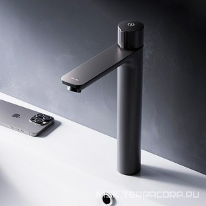 Смеситель для раковины высокий, нажимной, БЕЗ донного клапана, черный матовый AMPM X-Joy F85A92522