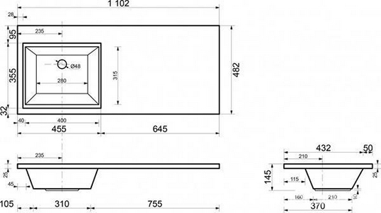 Раковина-столешница Даллас 110 R (правая) для мебели Aquanet  110 (без тумбы не продается) ZZ Aquanet Токио 235498