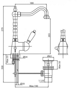 Смеситель для раковины, высокий с поворотным изливом, с д/к, (цв.золото 24К, ручка цв.белый),  ZZ Cezares Elite ELITE-LSM2-03/24-Bi