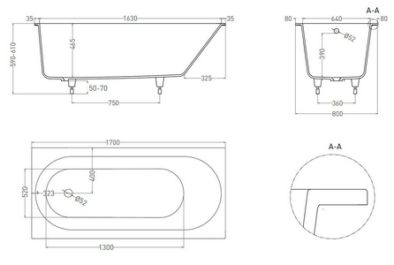 Ванна 1700х800хh600мм, встраив., литой камень S-sense глянец цв.белый, на регулируемых опорах, БЕЗ слива-перелива,  ZZ Salini Ornella 102314G