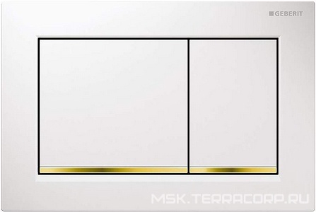 Клавиша смыва "" для инсталляции арт.111.060.00.1, рамка белая, декоративная планка позолоченная, кнопки белые ZZ Geberit Omega 30 115.080.KK.1