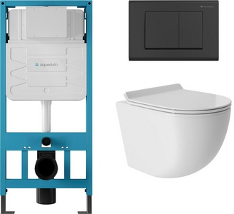 Компл.: унитаз подв.,безободк,Tornado 490х360мм,цв.белый гл.,сиденье с микролиф,,инстал. д/унит., крепёж, клавиша смыва Quadrado цв.черный мат,  ZZ Aqueduto Ovo AQDS013T