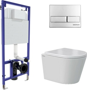 Комплект : инсталляция для подвес. унитаза + кнопка хром "L3" + подвес. безободковый унитаз с сиденьем микрл. ZZ Berges Novum 043371