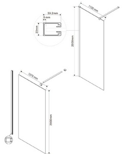 Душевая перегородка 1100хh2000мм, правая/левая, (стекло тонированное 8мм, поперечн. укорачиваемый кронштейн 1200мм, фурнит.цв.черный мат.),  ZZ Vincea Walk-In VSW-1H110CGB