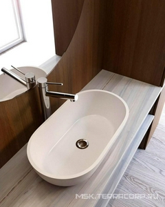 Раковина накладная 635х350х170мм, без отверст. для смесит., без перелива, д/к в цвет раковины в компл.,(иск.камень Soft rock цв.белый мат),  ZZ Holbi Mercury 1.02.009.11.1