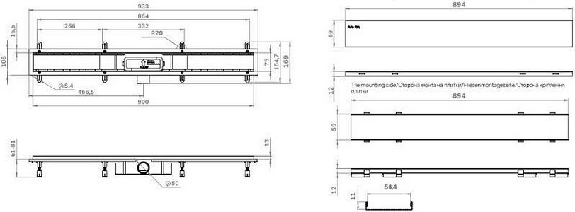 Душевой желоб 90 см, комбинированный затвор, решетка под плитку из нерж.стали, цв.черный ZZ AMPM Универсал W02SC-U11-090-04BM