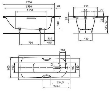 Ванна стальная  1700х750х410, Easy clean, alpine white, без ножек (арт 581470000000) и слива-перелива ZZ Kaldewei Saniform Plus 112600013001