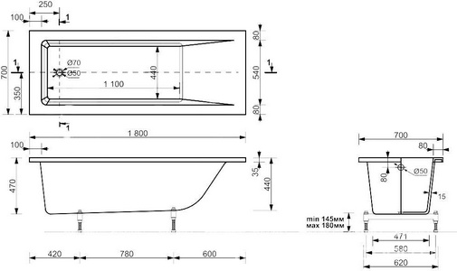Ванна BRIGHT STONE 180х70 искcусств. мрамор, без ножек и сифона ZZ Aquanet Bright 338574