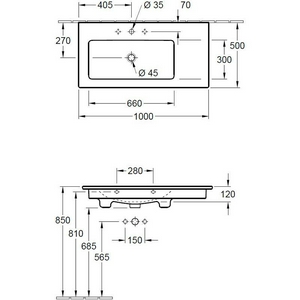 Раковина 1000х500мм, 1 отв. д/смес., с переливом, для установки с мебелью (цв. 01 white),  ZZ Villeroy & Boch Venticello 4134L101