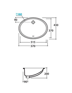 Раковина встраиваемая в столешницу снизу, овальная. 570х430хh200мм, без отв.д/смесит., с переливом, крепеж в компл, Globo ZZ Globo Универсал VA018.BI