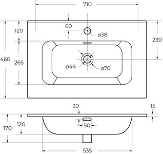 Раковина 710x460x170мм, 1 отв.д/смесит., с переливом, (керамика, цв.белый), Cezares ZZ Cezares Универсал CZR-8095-70