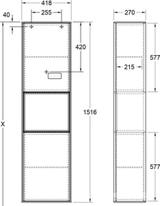 Шкаф-пенал 418хh1516х270мм,подвес 2-х дверн,2 стек.полки, петли слева, крепл.в компл.(фасад, копус и полки цв.GL лак белый глян),с подсветкой ZZ Villeroy & Boch Finion F460GFGF
