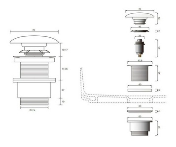 Пробка для сливного отверстия раковины, нажимная, "Click-Clack", G 1 1/4, для раковины / биде, (цв.хром / Lavagna), Ceramica Cielo ZZ Ceramica Cielo Универсал PIL01 (LV) Lavagna