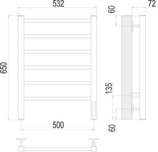 Полотенцесушитель  П6 500х650 Электро (quick touch), скрытая проводка+кабель вилка, блок справа, цв. хром, ZZ Terminus Аврора 4670078531155