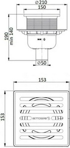 Трап для душа, выпуск в пол d50мм, гидрозатвор сухой/мокрый, решетка нерж сталь 150х150мм, Bettoserb ZZ Bettoserb Универсал 14702510