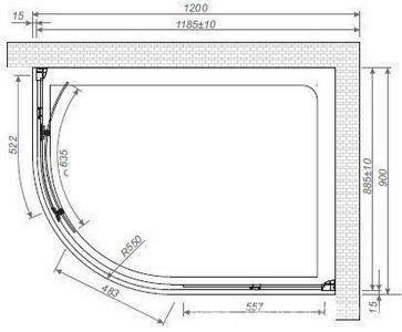 Душевое ограждение закруглённое, R550, 1200х900хh1950мм, правая/левая, 1 сдвиж.дверь, 2 неподв.сегм.(стек.прозр. Easy Clean 6мм, профиль цв.хром), Ume Romance Collection Umea UM.R3.120.REV.SDTG.CR СОВРЕМЕН