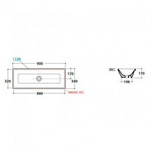 Раковина встраиваемая в столешницу сверху, прямоугольная 900х340хh30(170)мм, без отв.д/смесит., с переливом,  ZZ Globo Stockholm FO090.BI