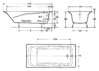 Ванна чугунная  180x85 без ножек, БЕЗ отверстий для ручек (ручки не предусмотрены) ZZ Jacob Delafon Repos E2904-00