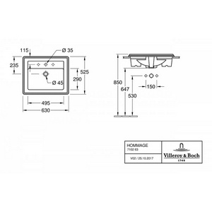 Раковина встраиваемая 630х525 мм, 3 отв. д/смес., (R2 Star white ceramicplus),  ZZ Villeroy & Boch Hommage 7102A1R2