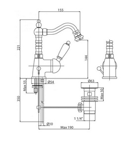 Смеситель для биде, высокий с поворотным изливом, с д/к, (цв.бронза, ручка цв.белый),  ZZ Cezares Elite ELITE-BSM2-02-Bi